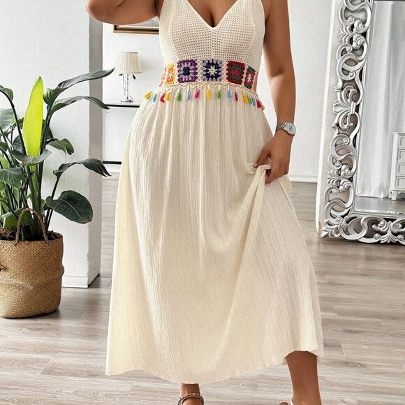 Apricot Boho Women's Plus Size V-Neck Knitted Embroidered Sleeveless Dress - Picture 4 of 6